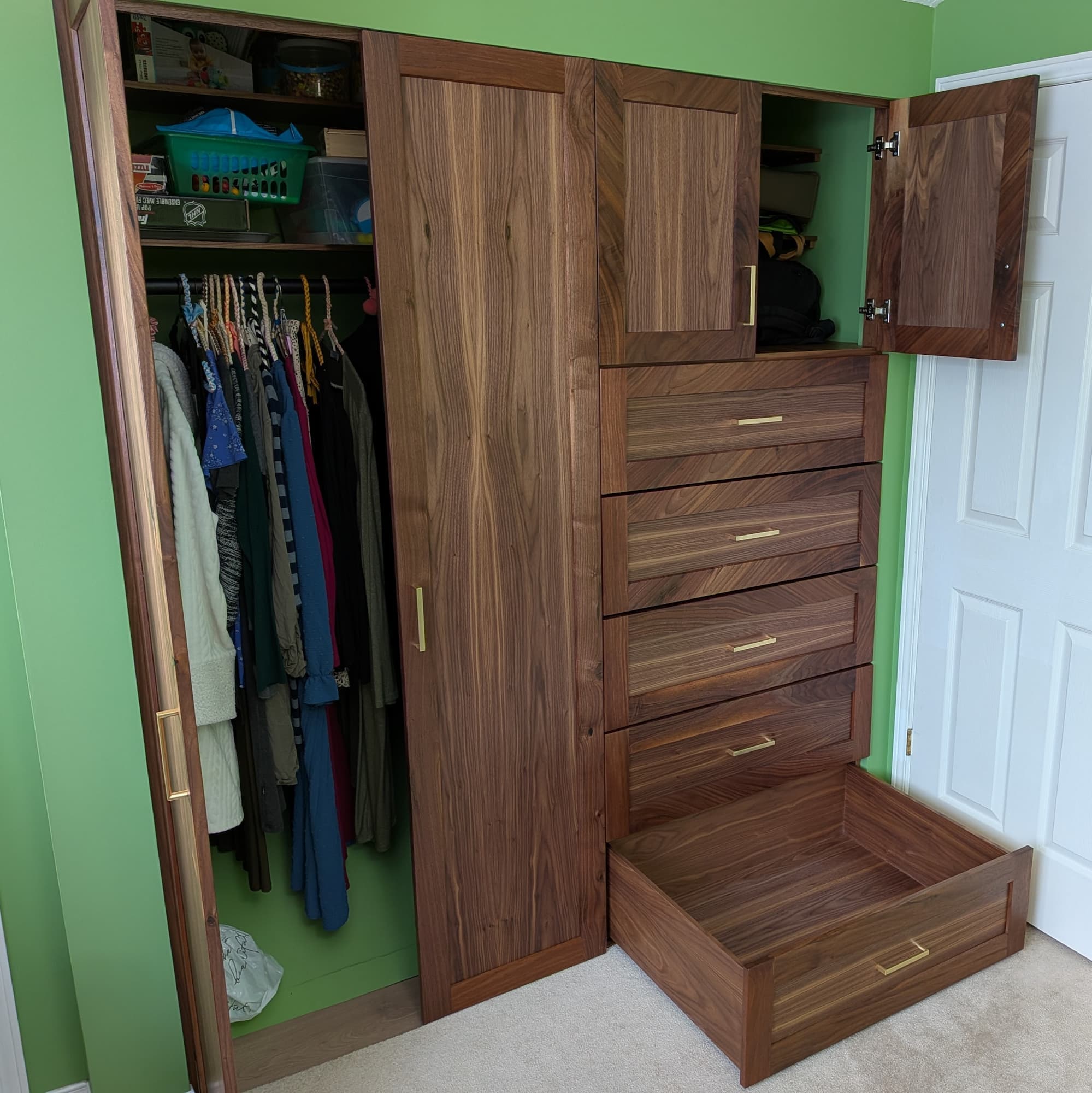 Woodworking project - cabinet builtin walnut doors open
