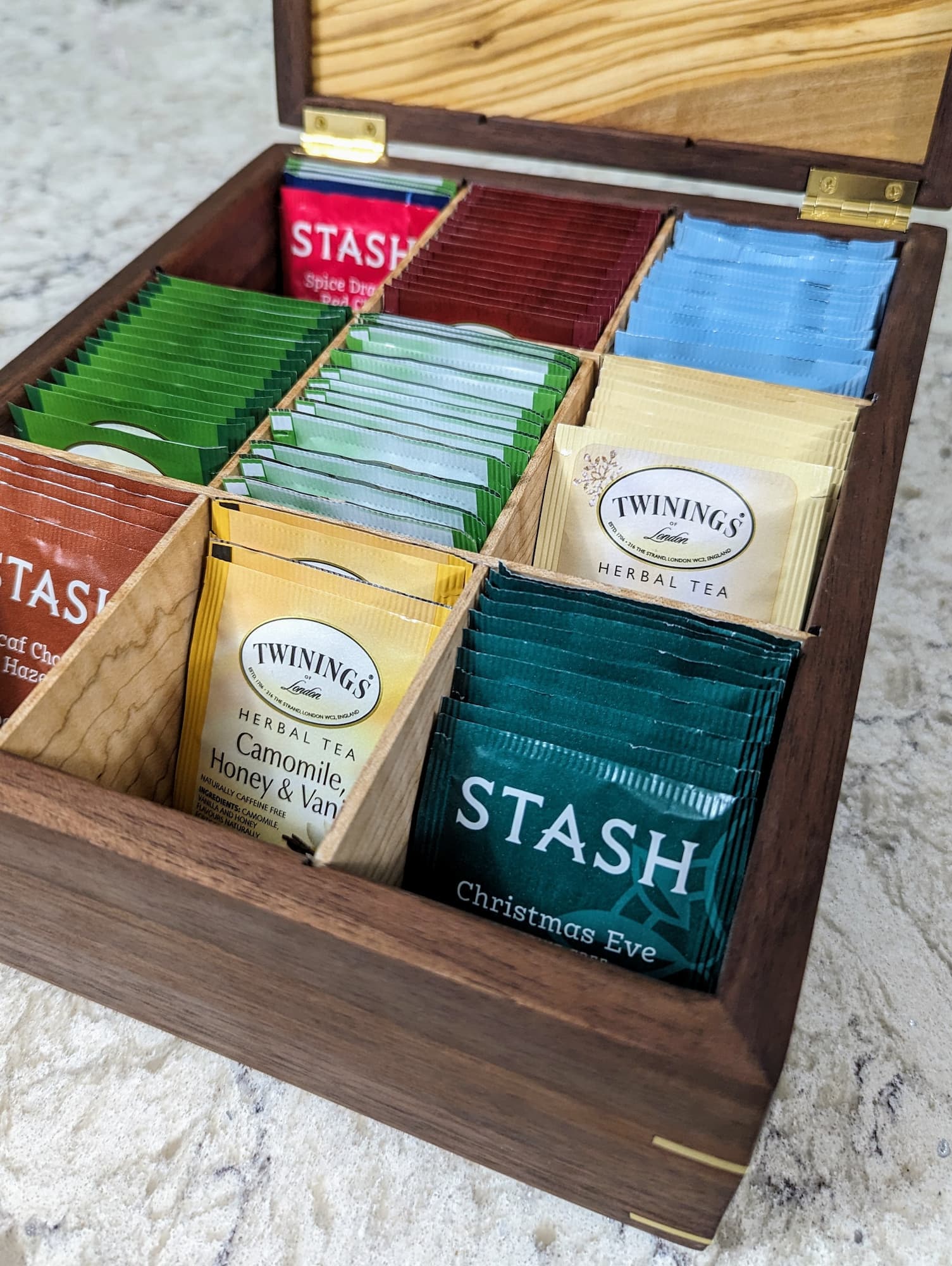 Woodworking project - tea box walnut brass olive maple inside