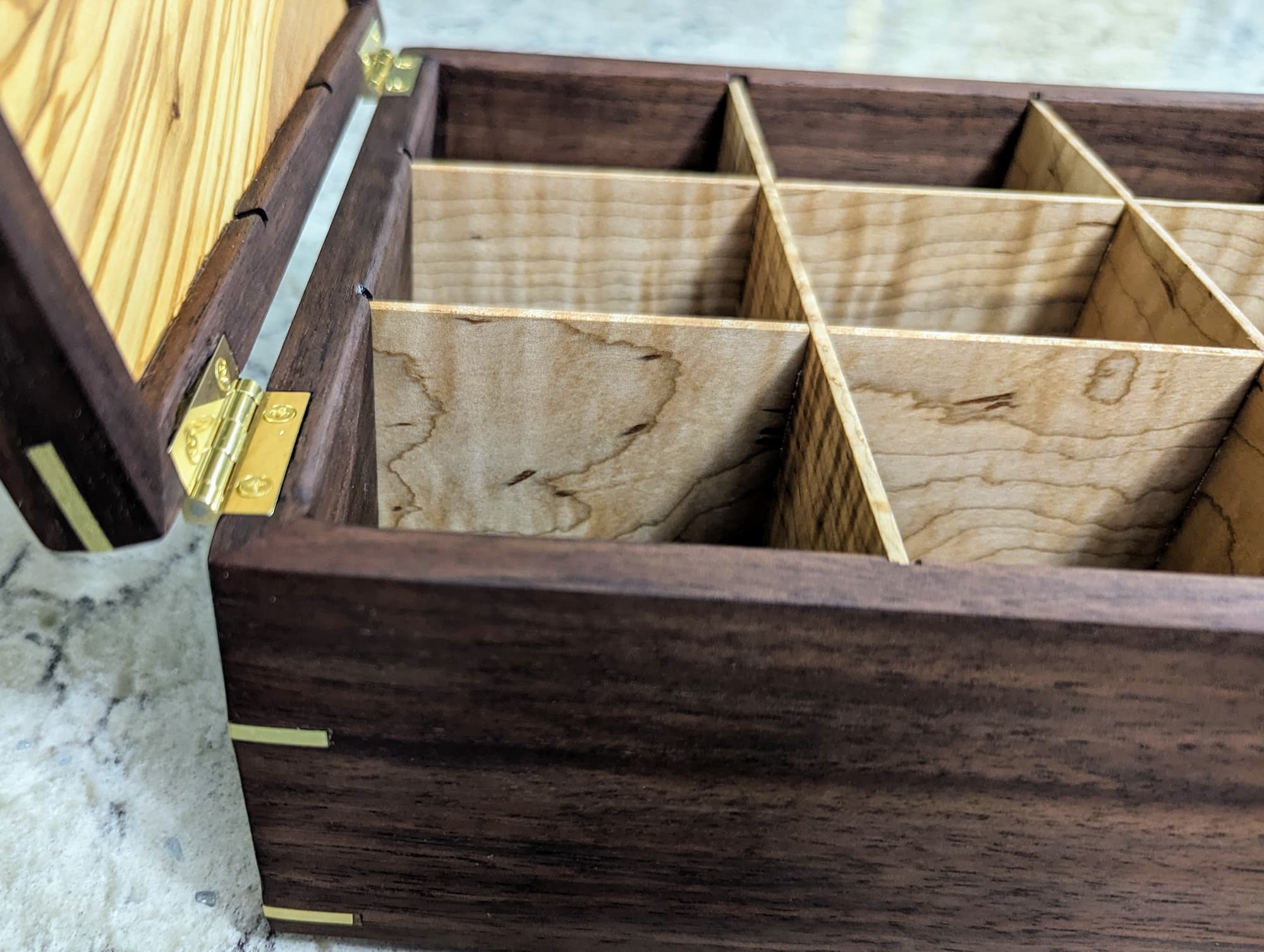 Woodworking project - tea box walnut brass olive maple