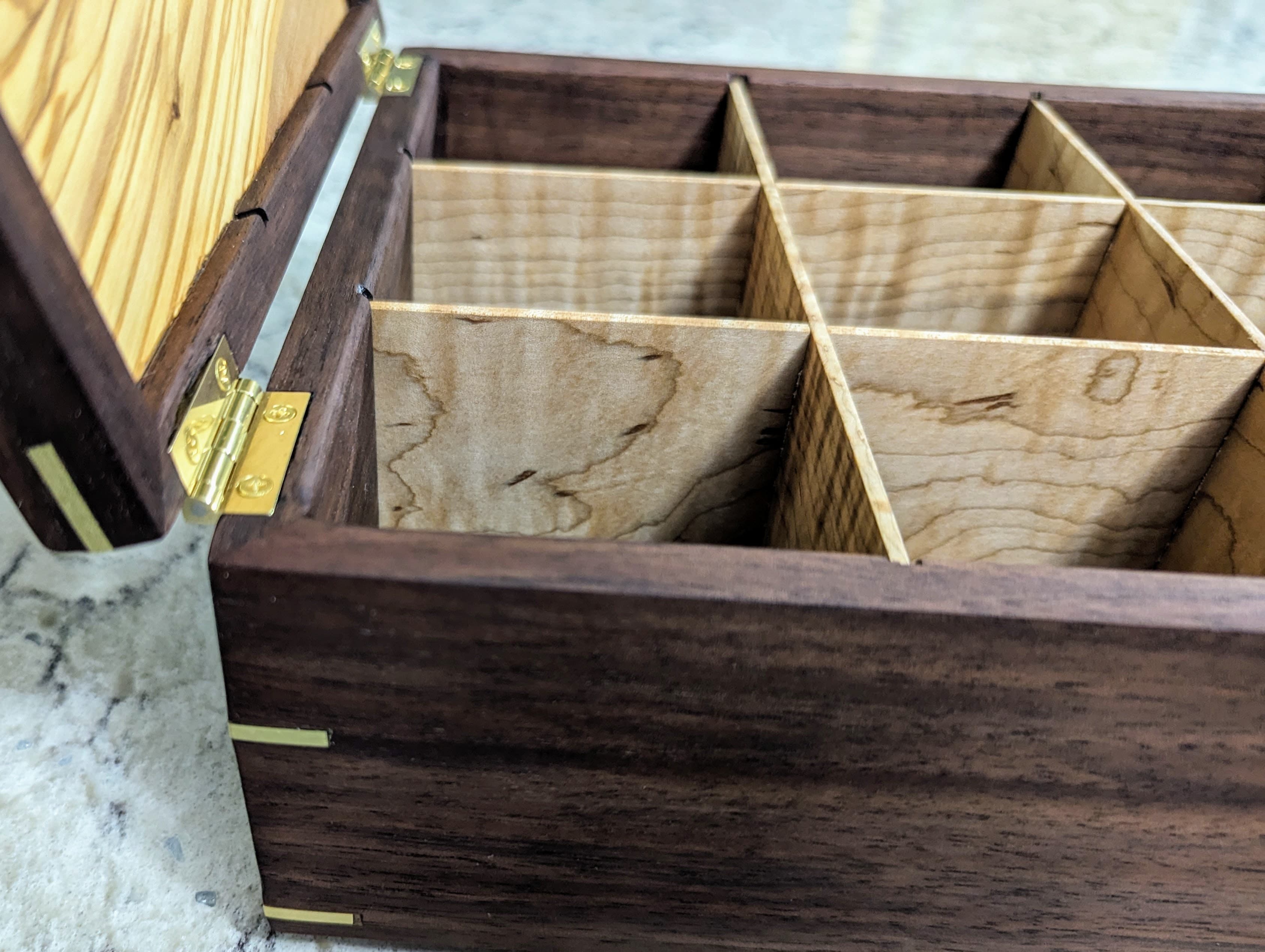 Woodworking project - tea box walnut brass olive maple