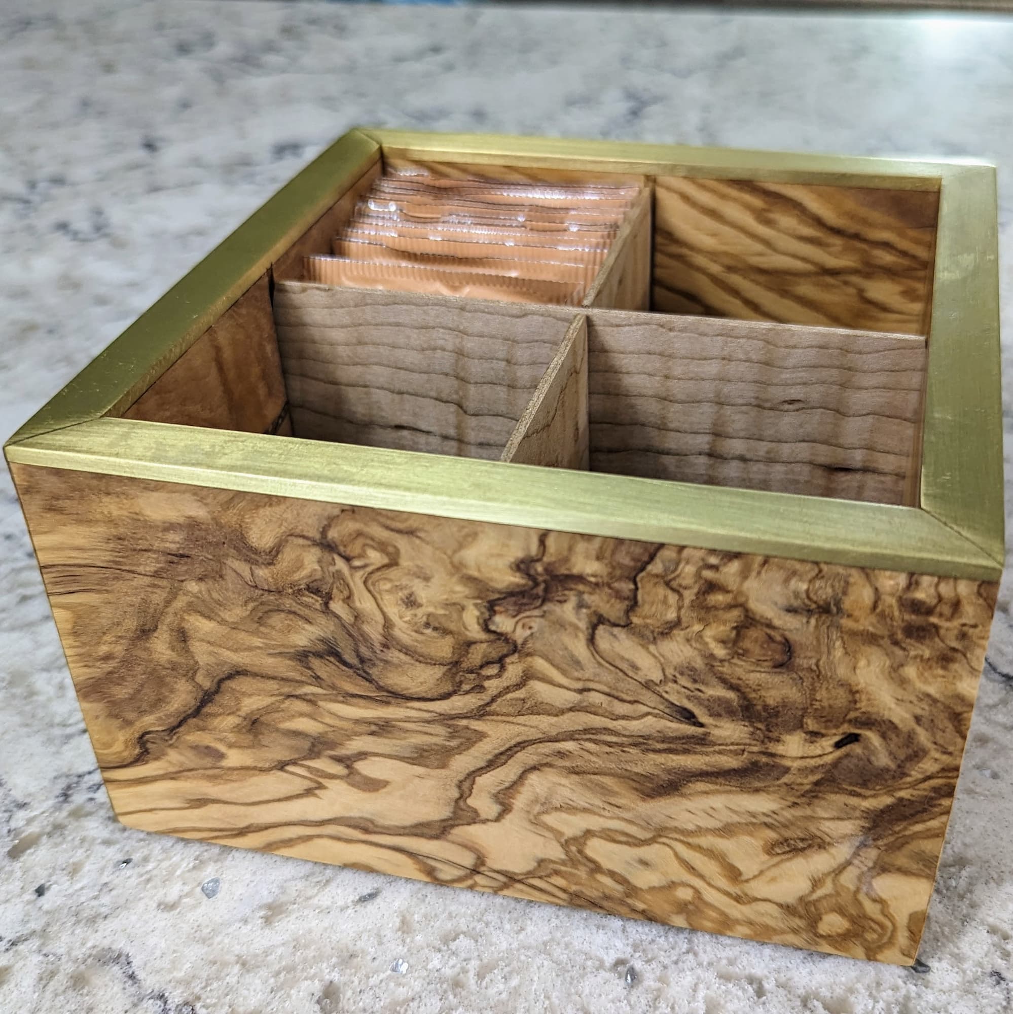 Olive Wood Tea Box with Brass